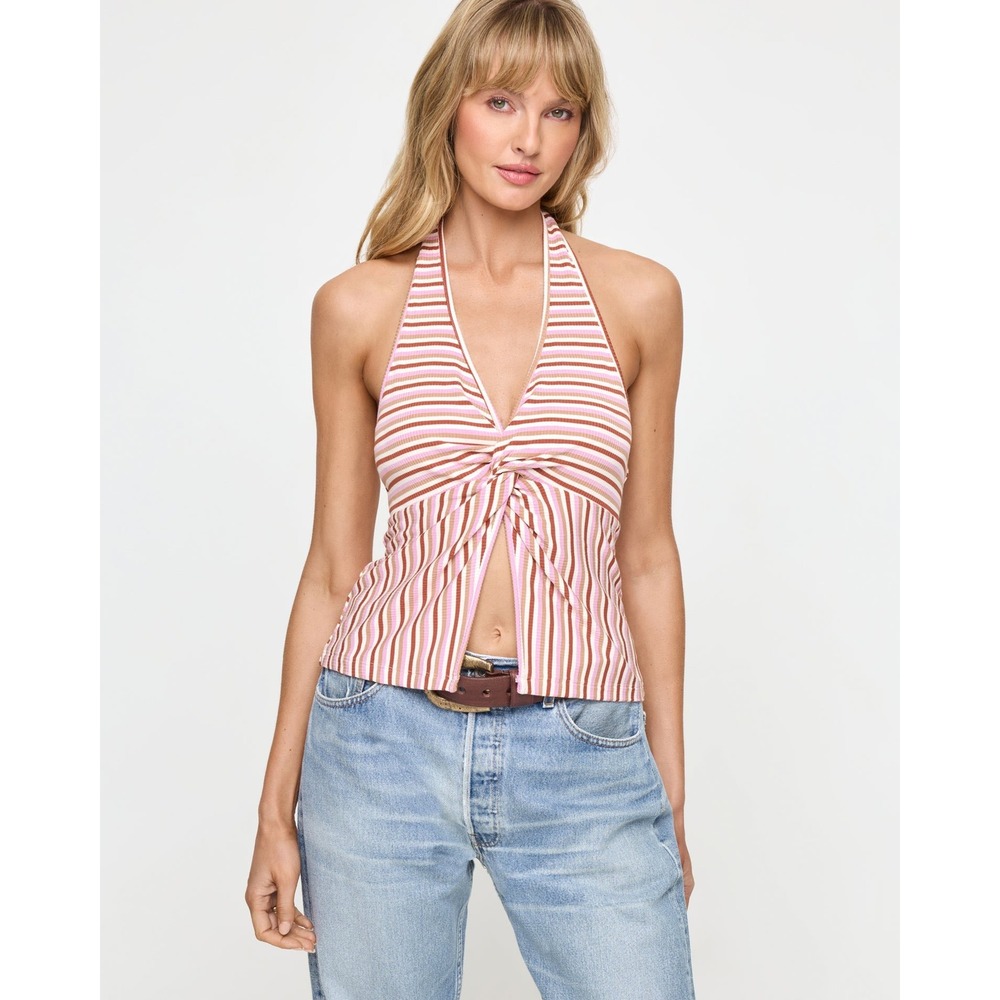 L*Space Multi-Color Striped Ribbed Twist Front Halter Top XS Pink Brown White